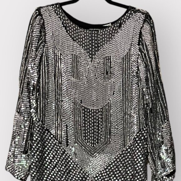 Vintage Sho Max Size S Silver Sequin Beaded Silk Long Sleeve Midi Disco Dress - Picture 3 of 12